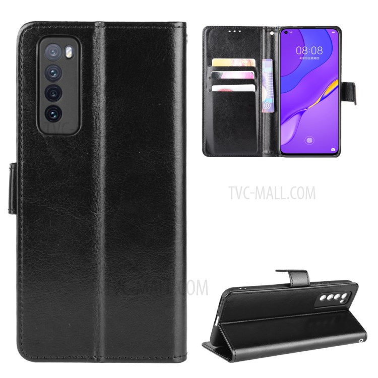 Crazy Horse Flip Leather Cell Phone Cover with Wallet Stand for Huawei nova 7 5G - Black-1