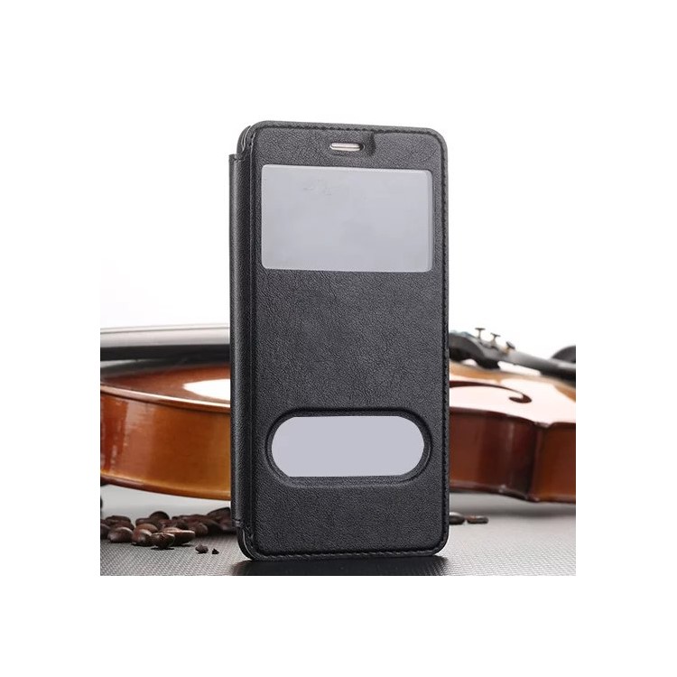 Plastic Dual Window Leather Stand Case for Huawei Honor 5C / GT3 - Black-1