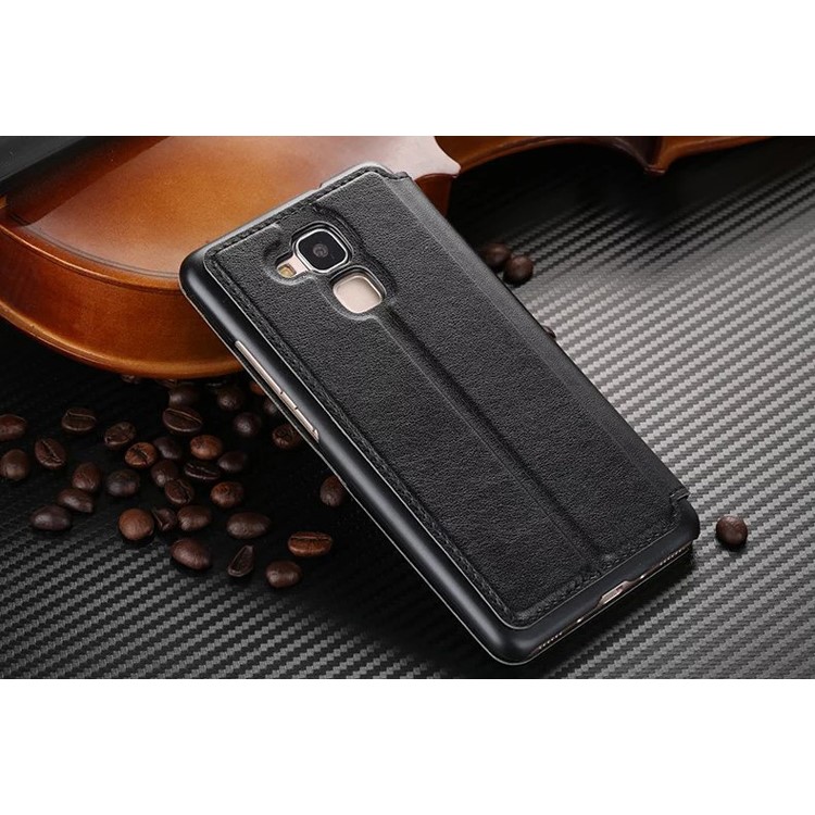 Plastic Dual Window Leather Stand Case for Huawei Honor 5C / GT3 - Black-3