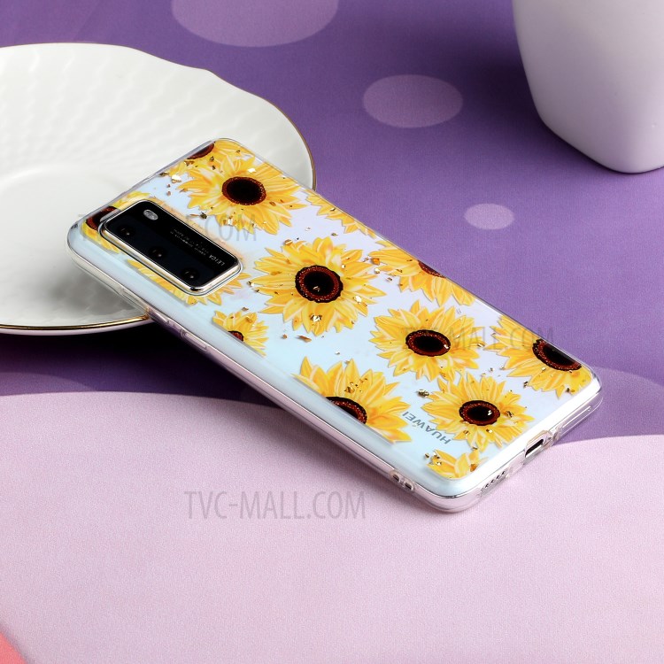 Glitter Sequins Inlaid Pattern Painting Soft TPU Back Case for Huawei P40 - Sunflower-5