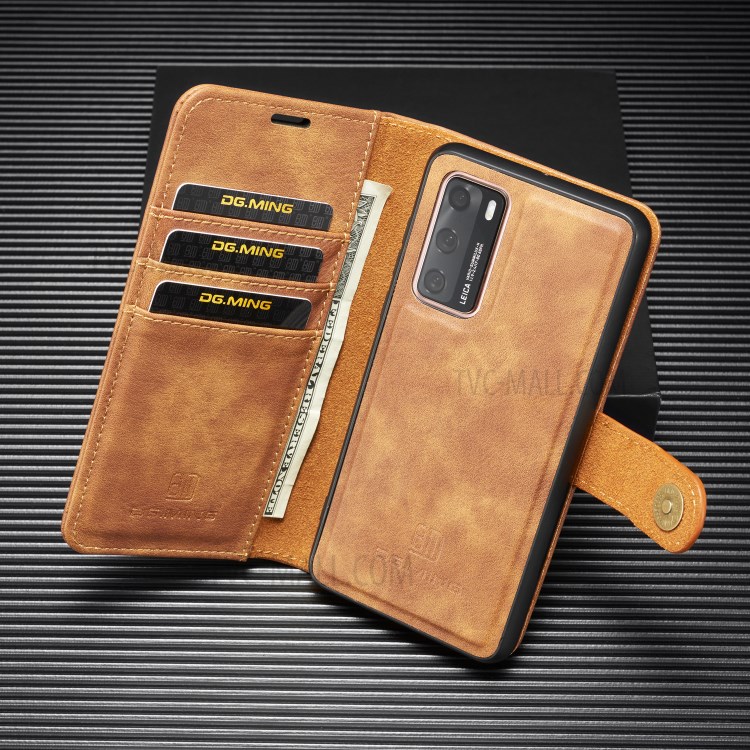 DG.MING Detachable 2-in-1 Split Leather Wallet Shell + PC Back Case for Huawei P40 - Brown-5