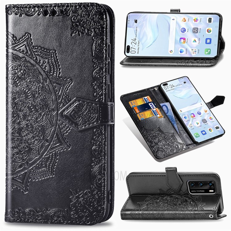 Embossed Mandala Flower PU Leather Flip Cover with Wallet for Huawei P40 - Black-1