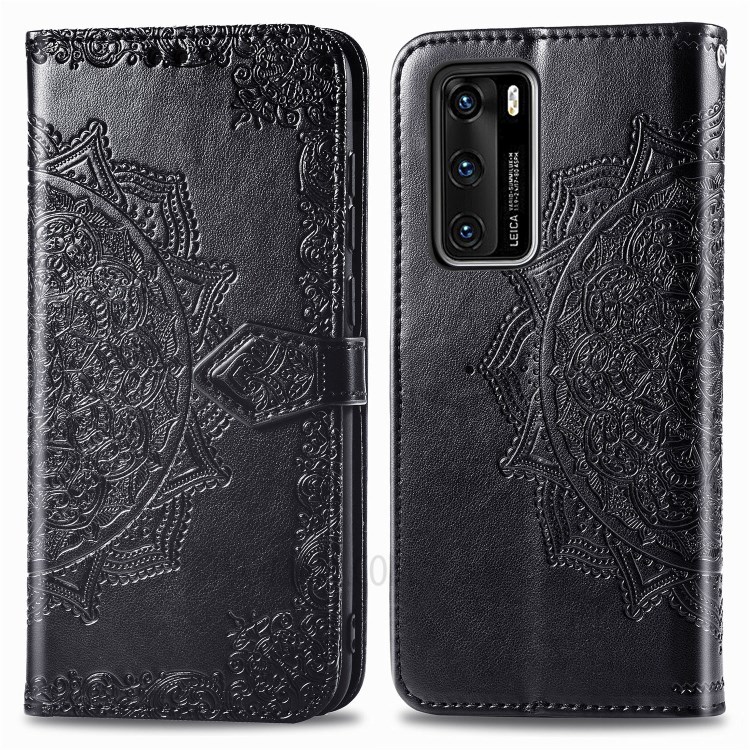 Embossed Mandala Flower PU Leather Flip Cover with Wallet for Huawei P40 - Black-2