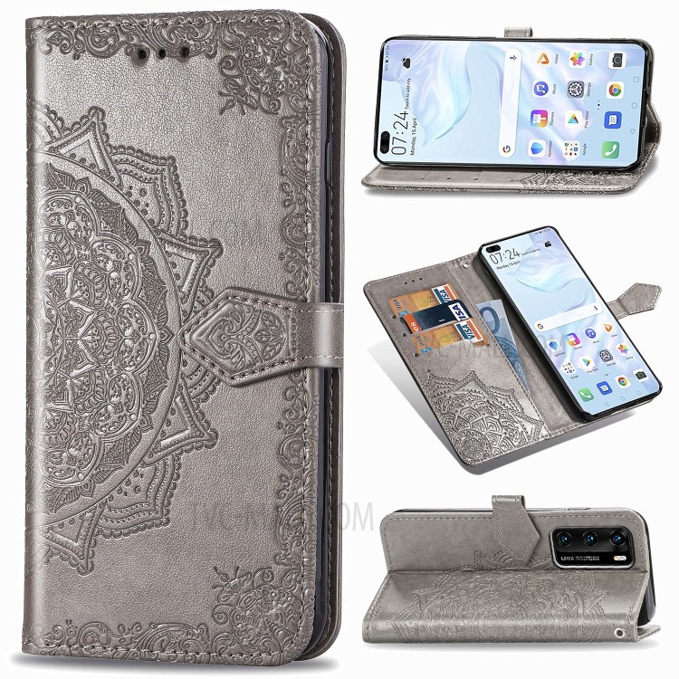 Embossed Mandala Flower PU Leather Flip Cover with Wallet for Huawei P40 - Grey-1