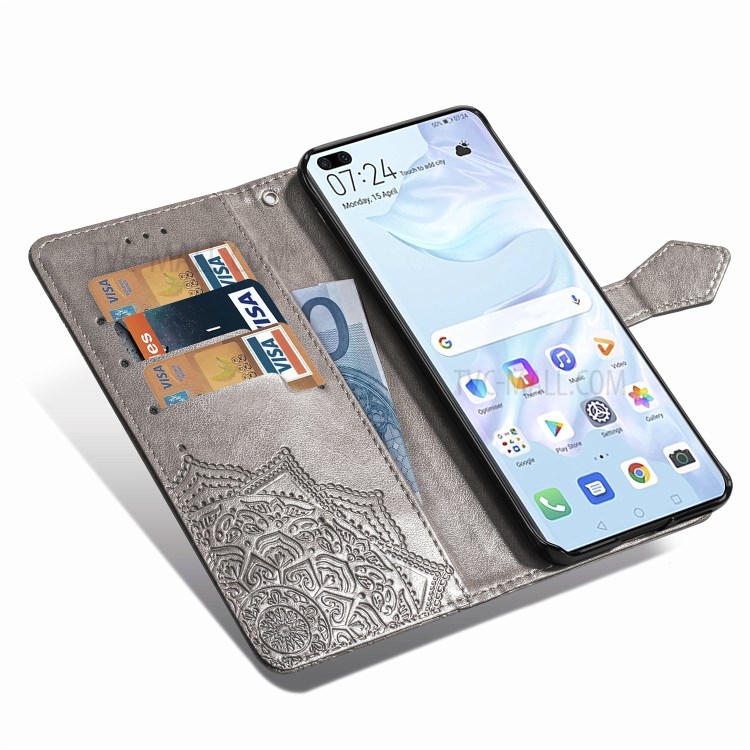 Embossed Mandala Flower PU Leather Flip Cover with Wallet for Huawei P40 - Grey-10