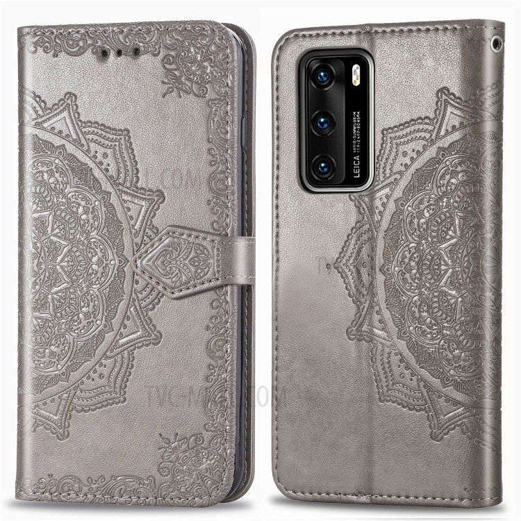 Embossed Mandala Flower PU Leather Flip Cover with Wallet for Huawei P40 - Grey-4
