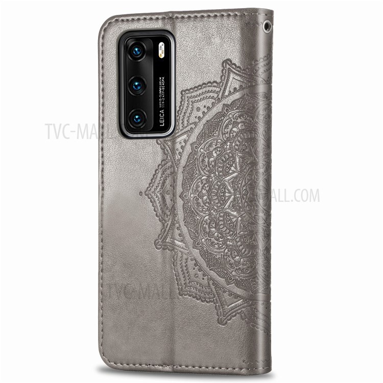 Embossed Mandala Flower PU Leather Flip Cover with Wallet for Huawei P40 - Grey-6