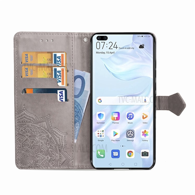 Embossed Mandala Flower PU Leather Flip Cover with Wallet for Huawei P40 - Grey-7