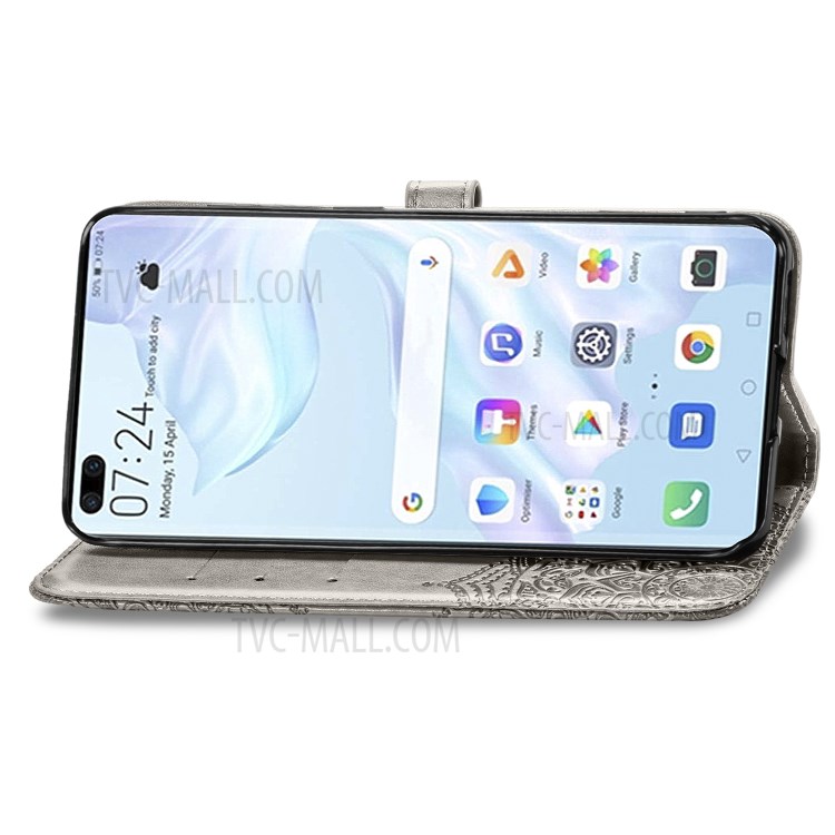 Embossed Mandala Flower PU Leather Flip Cover with Wallet for Huawei P40 - Grey-8