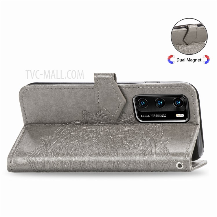 Embossed Mandala Flower PU Leather Flip Cover with Wallet for Huawei P40 - Grey-9