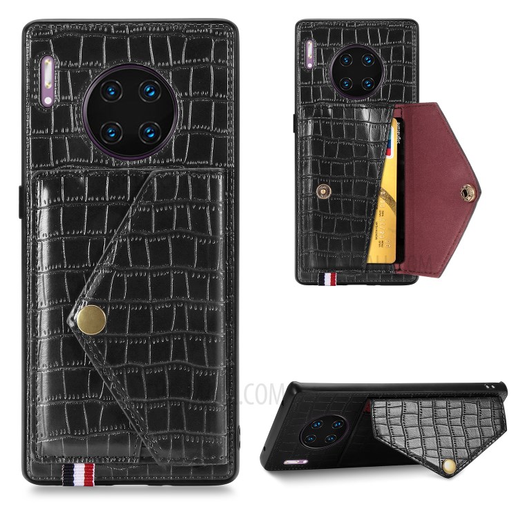 Crocodile Texture with Kickstand Phone Case Card Holder for Huawei Mate 30 Pro - Black-1