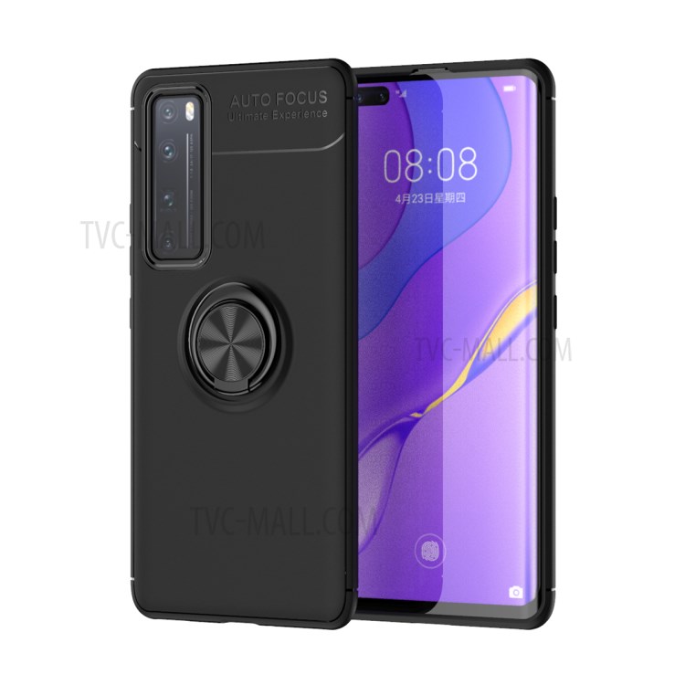 LENUO Metal Ring Kickstand TPU Case for Huawei nova 7 5G Built-in Magnetic Metal Sheet - All Black