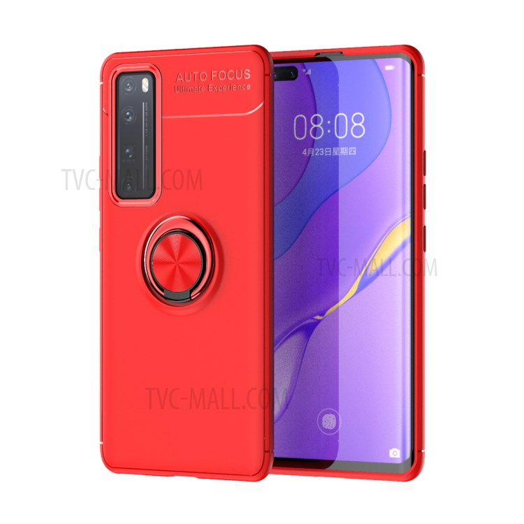 LENUO Metal Ring Kickstand TPU Case for Huawei nova 7 5G Built-in Magnetic Metal Sheet - Red