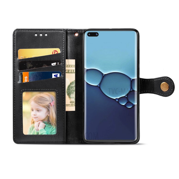 Round Buckle Wallet Leather Stand Phone Case Cover for Huawei P40 Pro - Black-4