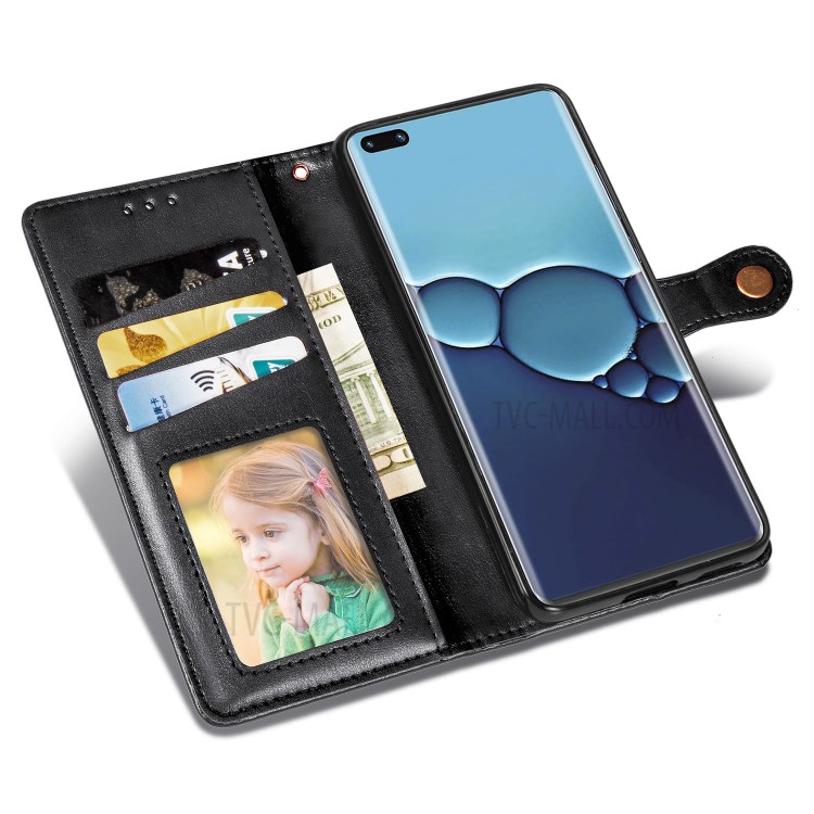 Round Buckle Wallet Leather Stand Phone Case Cover for Huawei P40 Pro - Black-7