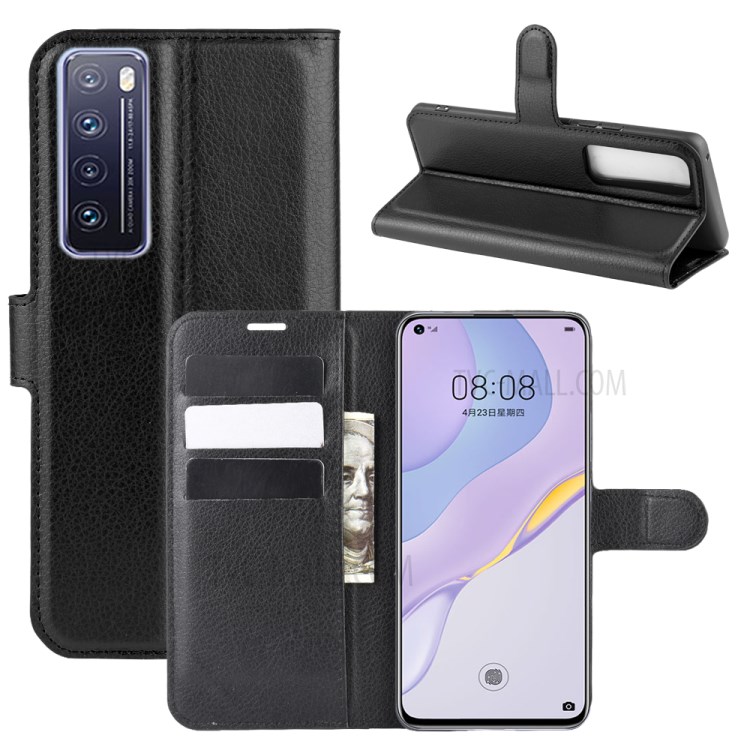 Litchi Skin with Wallet Leather Shell for Huawei nova 7 5G - Black-1
