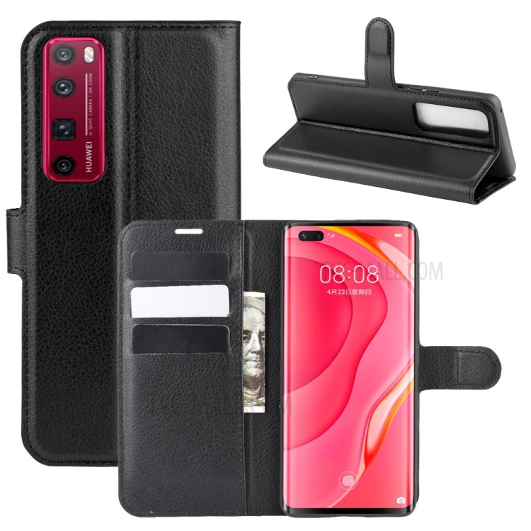 Litchi Skin Magnetic Leather Stand Case for Huawei nova 7 Pro 5G - Black-1