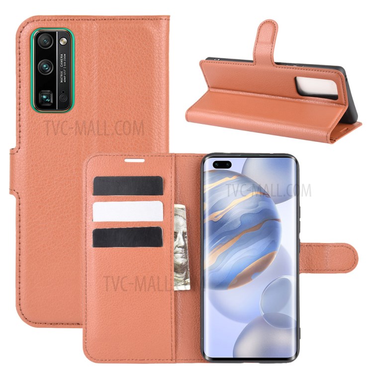 Litchi Skin PU Leather Wallet Stand Cell Phone Cover for Honor 30 Pro - Brown-1