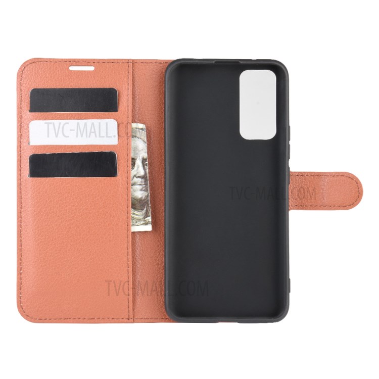 Litchi Skin PU Leather Wallet Stand Cell Phone Cover for Honor 30 Pro - Brown-3