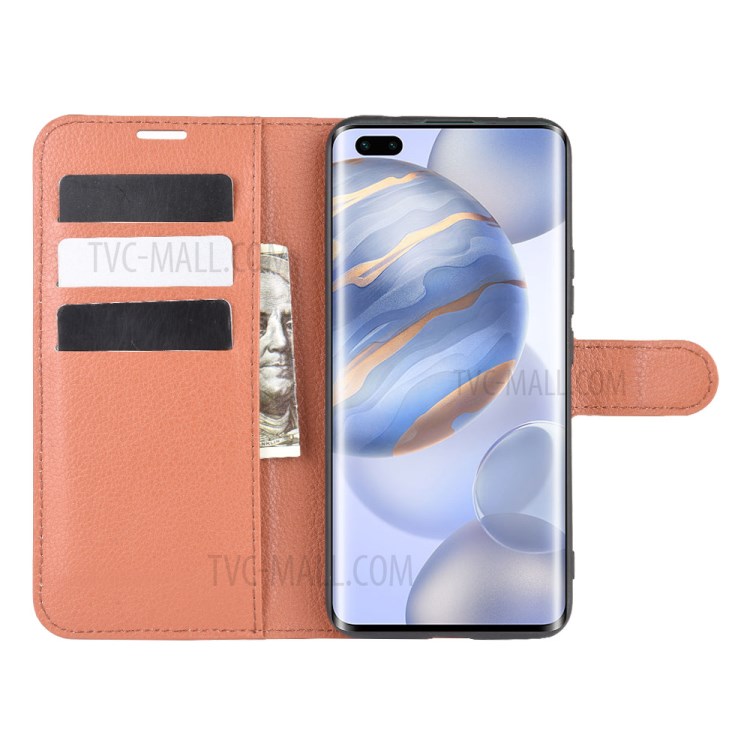 Litchi Skin PU Leather Wallet Stand Cell Phone Cover for Honor 30 Pro - Brown-4