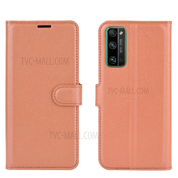 Litchi Skin PU Leather Wallet Stand Cell Phone Cover for Honor 30 Pro - Brown-6
