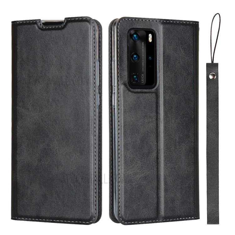 Leather Card Slot Stand Case with Lanyard for Huawei P40 Pro - Black-1