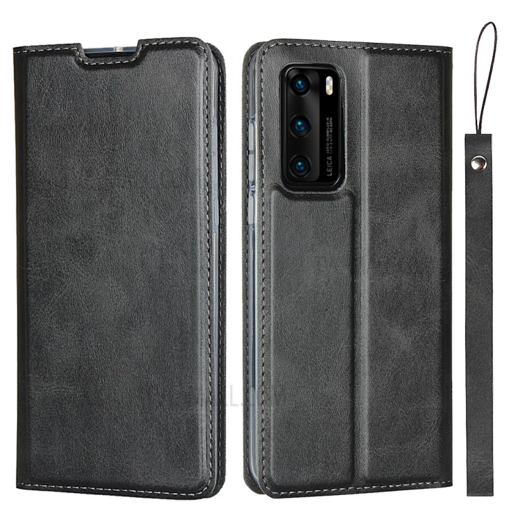 Кожа Карта Слота Подставка Телефон Случай С Вытяжным Шнуром Для HUAWEI P40 - Черный-1