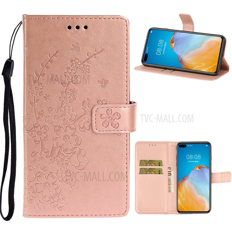 Imprint Plum Blossom Pattern Leather Stand Wallet Phone Case for Huawei P40 - Rose Gold-1