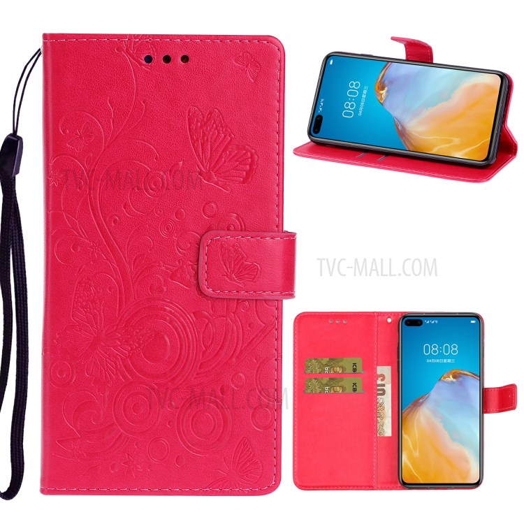 Imprint Flower Butterfly Pattern Leather Stand Wallet Phone Case for Huawei P40 - Red-1