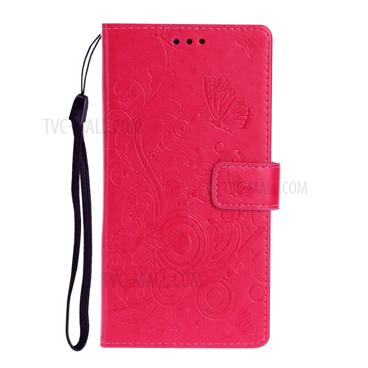 Imprint Flower Butterfly Pattern Leather Stand Wallet Phone Case for Huawei P40 - Red-2