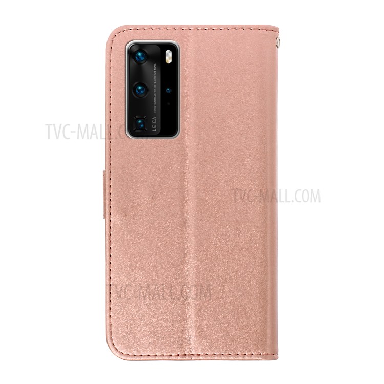 Imprint Butterfly Flower Pattern Leather Stand Wallet Phone Case for Huawei P40 Pro - Rose Gold-3