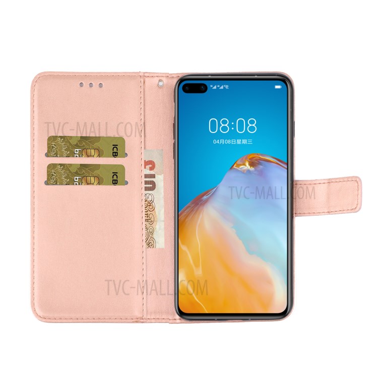 Imprint Butterfly Flower Pattern Leather Stand Wallet Phone Case for Huawei P40 Pro - Rose Gold-7