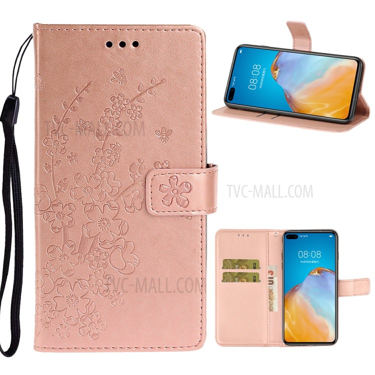 Imprint Plum Blossom Pattern Leather Stand Wallet Phone Case for Huawei P40 Pro - Rose Gold-1
