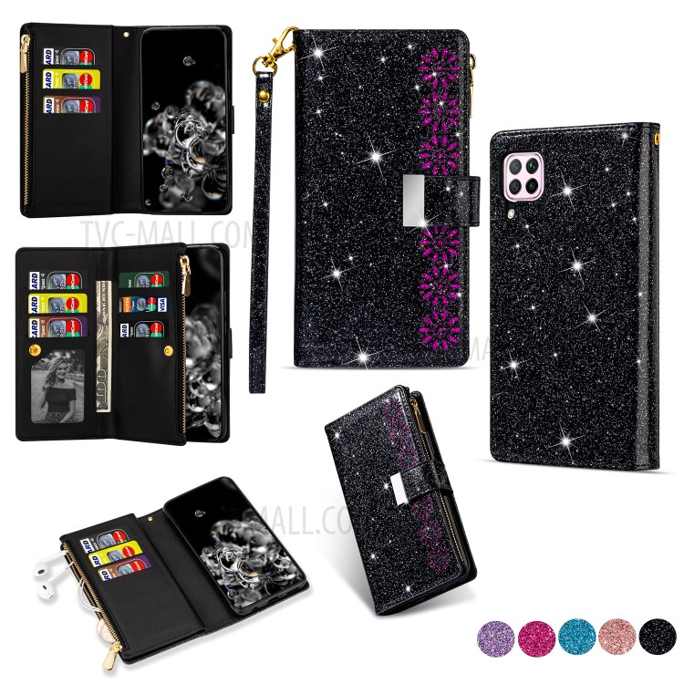 Glittery Starry Style Laser Carving Zipper Wallet Stand Leather Case for Huawei P40 Lite 4G/Nova 6 SE/Nova 7i - Black-1