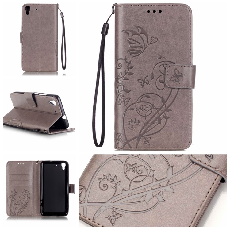 Imprint Butterfly Plant Leather Wallet Cover for Huawei Honor 4A / Y6 - Grey-1