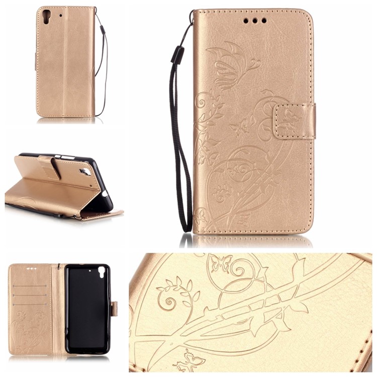 Imprint Butterfly Plant Flip Leather Phone Case for Huawei Honor 4A / Y6 - Gold-1