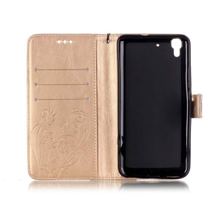 Imprint Butterfly Plant Flip Leather Phone Case for Huawei Honor 4A / Y6 - Gold-4
