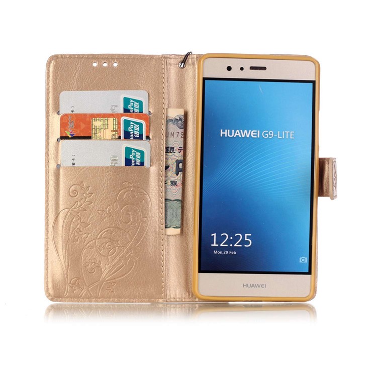 Butterfly and Plant Leather Wallet Stand Case for Huawei P9 Lite/G9 Lite - Gold-3
