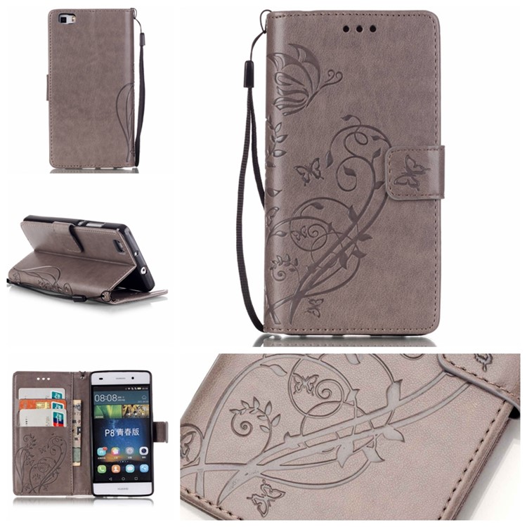 For Huawei Ascend P8 Lite Imprint Butterfly Plant Wallet Leather Stand Cover - Grey-1
