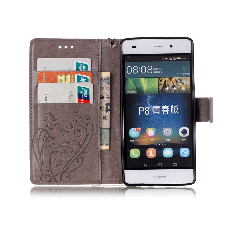 For Huawei Ascend P8 Lite Imprint Butterfly Plant Wallet Leather Stand Cover - Grey-4