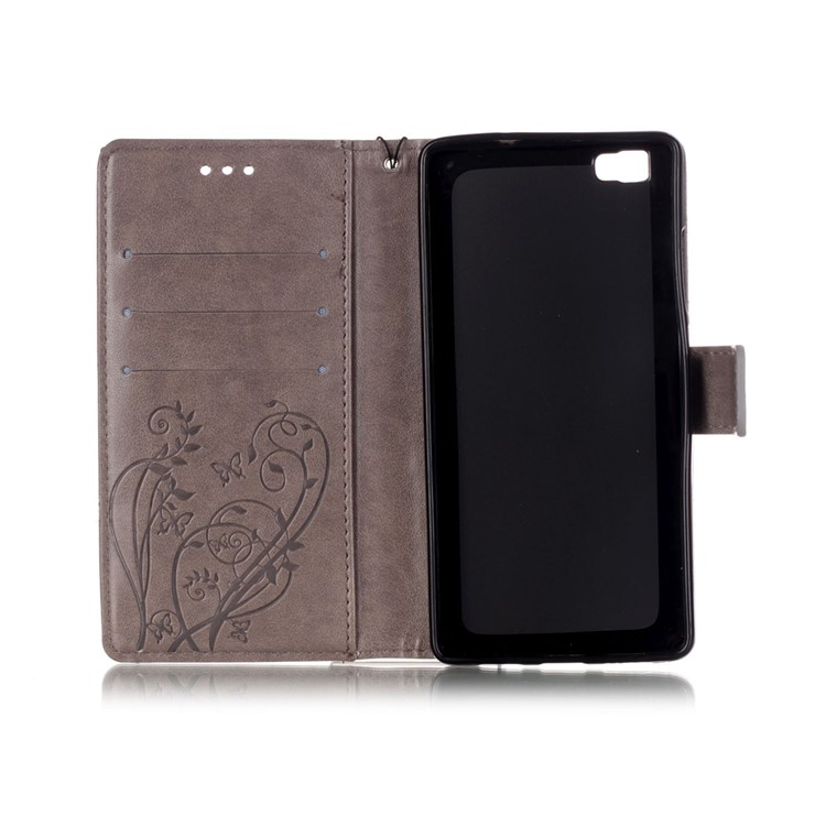For Huawei Ascend P8 Lite Imprint Butterfly Plant Wallet Leather Stand Cover - Grey-5