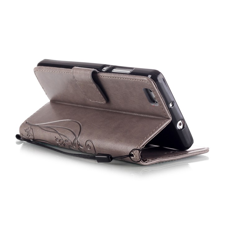 For Huawei Ascend P8 Lite Imprint Butterfly Plant Wallet Leather Stand Cover - Grey-6