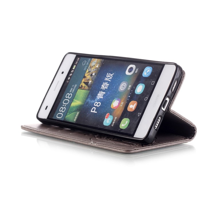 For Huawei Ascend P8 Lite Imprint Butterfly Plant Wallet Leather Stand Cover - Grey-7