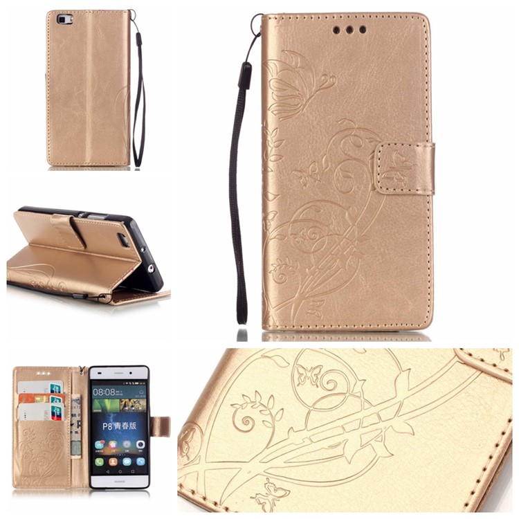 For Huawei Ascend P8 Lite Imprint Butterfly Plant Leather Case with Stand - Gold-1