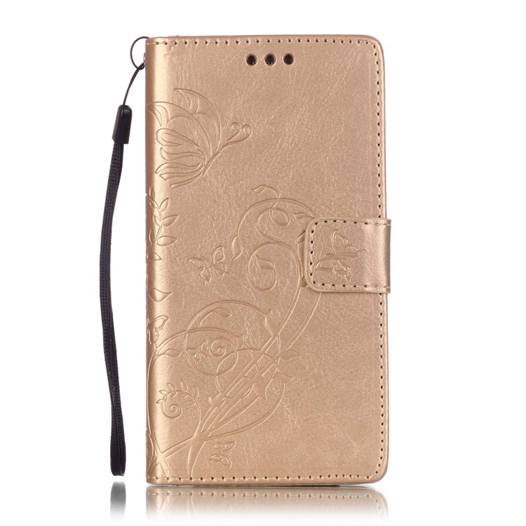 For Huawei Ascend P8 Lite Imprint Butterfly Plant Leather Case with Stand - Gold-2