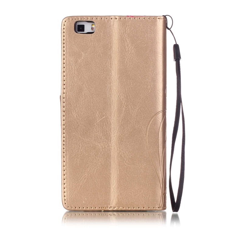 For Huawei Ascend P8 Lite Imprint Butterfly Plant Leather Case with Stand - Gold-3