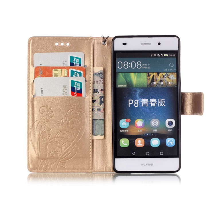 For Huawei Ascend P8 Lite Imprint Butterfly Plant Leather Case with Stand - Gold-4