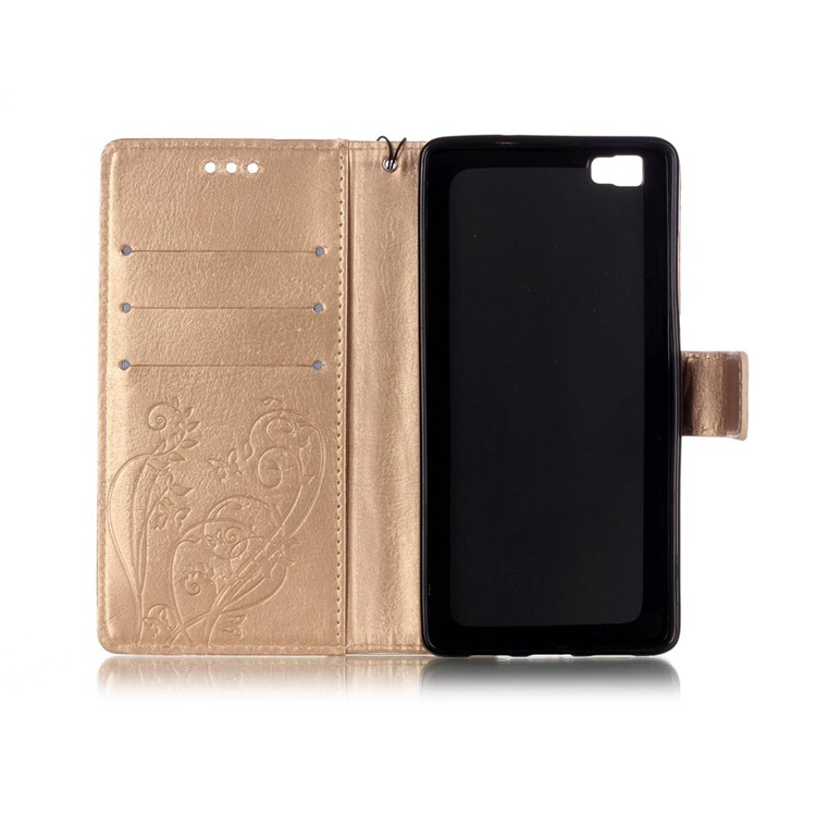 For Huawei Ascend P8 Lite Imprint Butterfly Plant Leather Case with Stand - Gold-5
