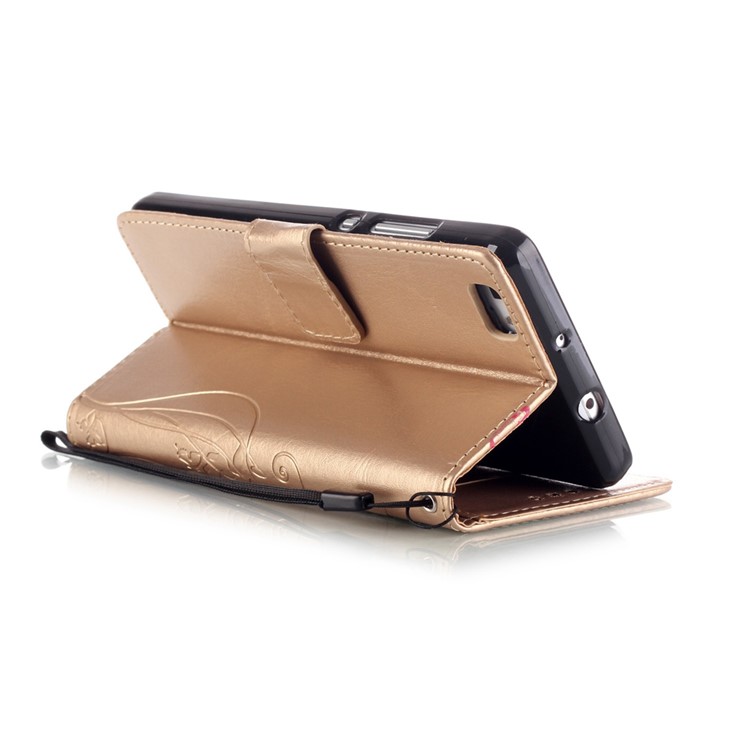 For Huawei Ascend P8 Lite Imprint Butterfly Plant Leather Case with Stand - Gold-6