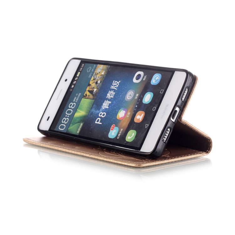 For Huawei Ascend P8 Lite Imprint Butterfly Plant Leather Case with Stand - Gold-7